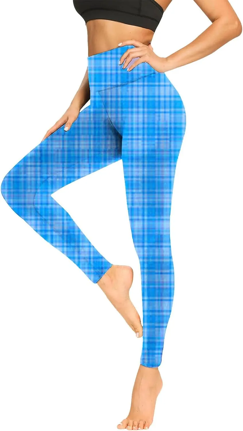 Womens Gym Leggings Ladies High Waist Plaid Leggings Workout Yoga Pants Compression Tights Casual Breathable Stretchy Pants
