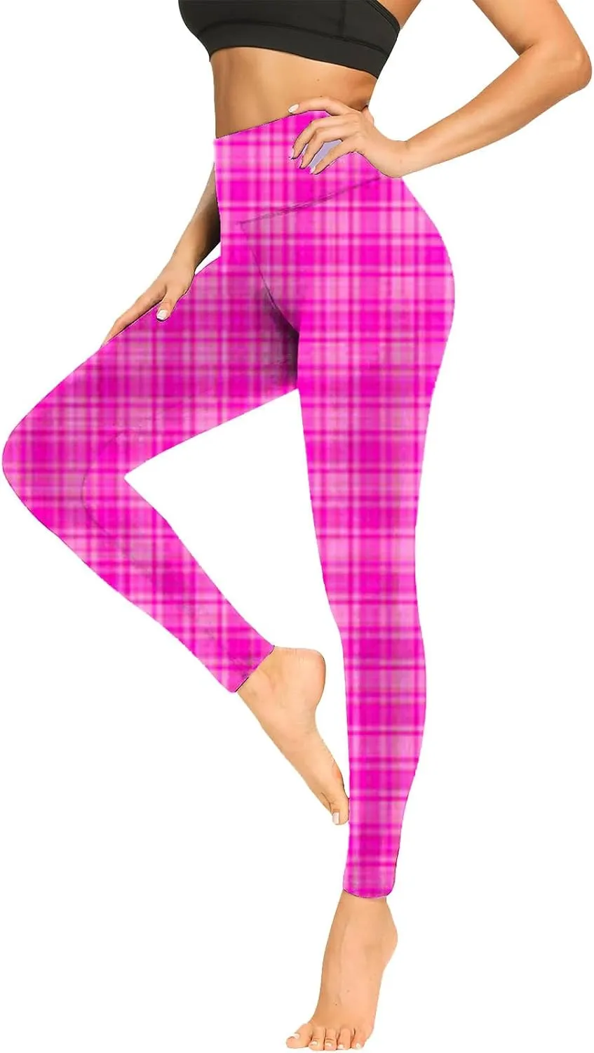 Womens Gym Leggings Ladies High Waist Plaid Leggings Workout Yoga Pants Compression Tights Casual Breathable Stretchy Pants