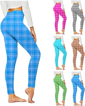 Womens Gym Leggings Ladies High Waist Plaid Leggings Workout Yoga Pants Compression Tights Casual Breathable Stretchy Pants