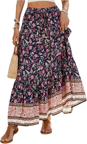Women's High Waist A Line Maxi Skirts Floral Printed Tiered Ruffle Pleated Skirt Beach Vacation Long Skorts