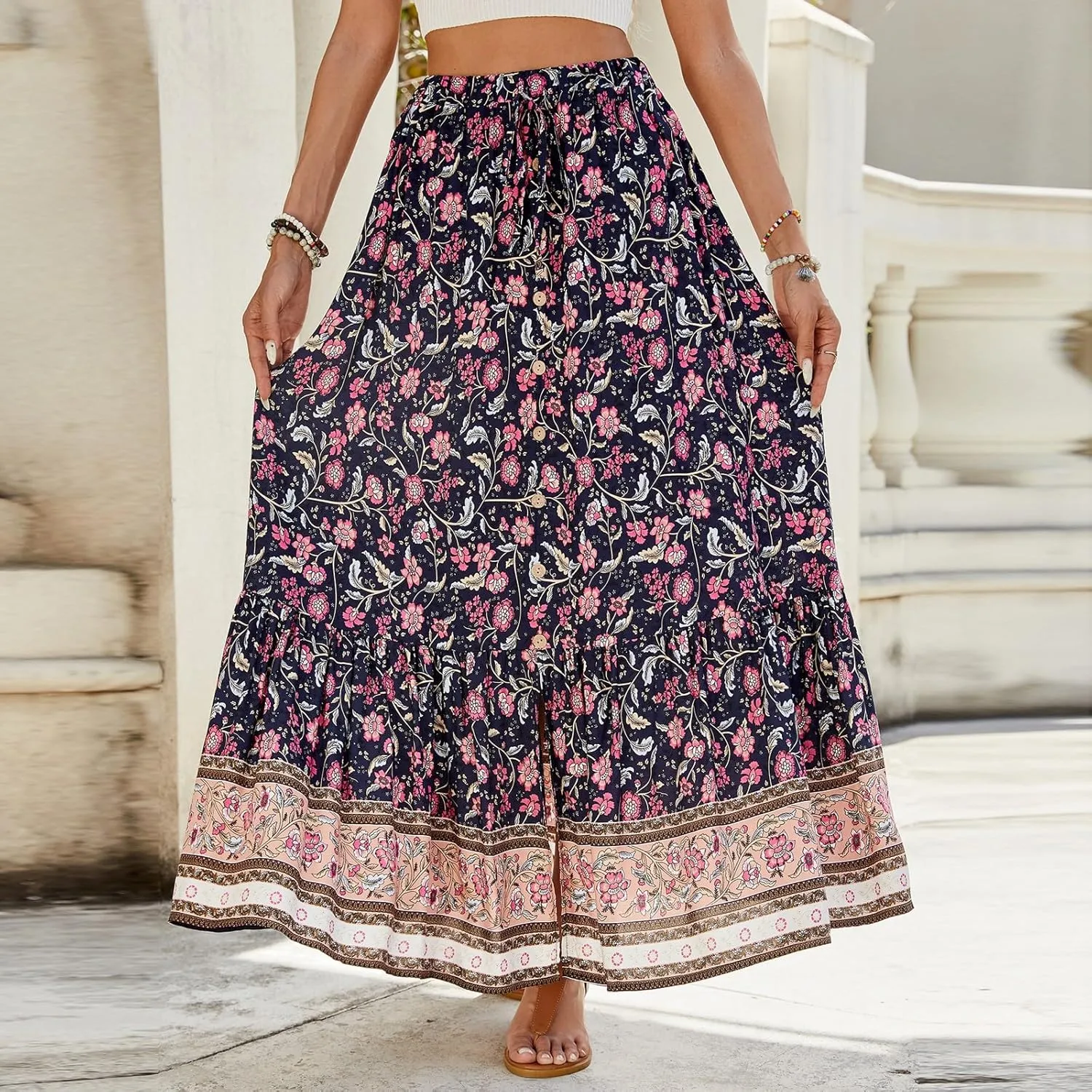 Women's High Waist A Line Maxi Skirts Floral Printed Tiered Ruffle Pleated Skirt Beach Vacation Long Skorts