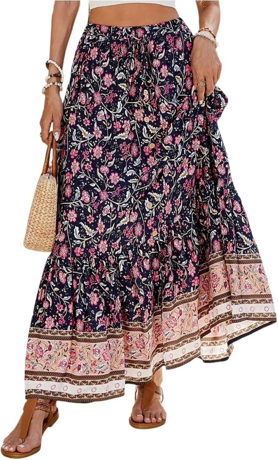 Women's High Waist A Line Maxi Skirts Floral Printed Tiered Ruffle Pleated Skirt Beach Vacation Long Skorts