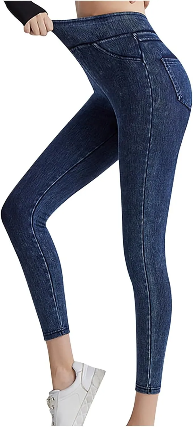 Womens High Waist Stretch Leggings Casual Tummy Control Pants Solid Color Workout Running Gym Yoga Pants with Pockets