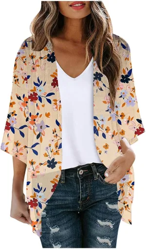 Women's Kimono Beach Cover Up Summer Chiffon Cardigan Lightweight HALF SLEEVE Loose Capes Floral Top Blouses (S-2Xl)