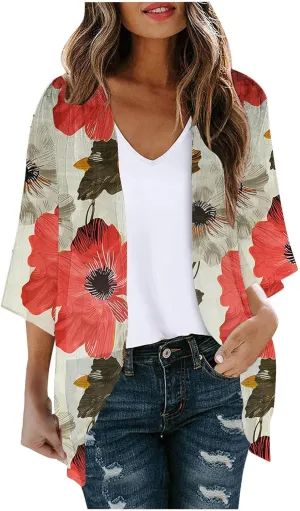 Women's Kimono Beach Cover Up Summer Chiffon Cardigan Lightweight HALF SLEEVE Loose Capes Floral Top Blouses (S-2Xl)