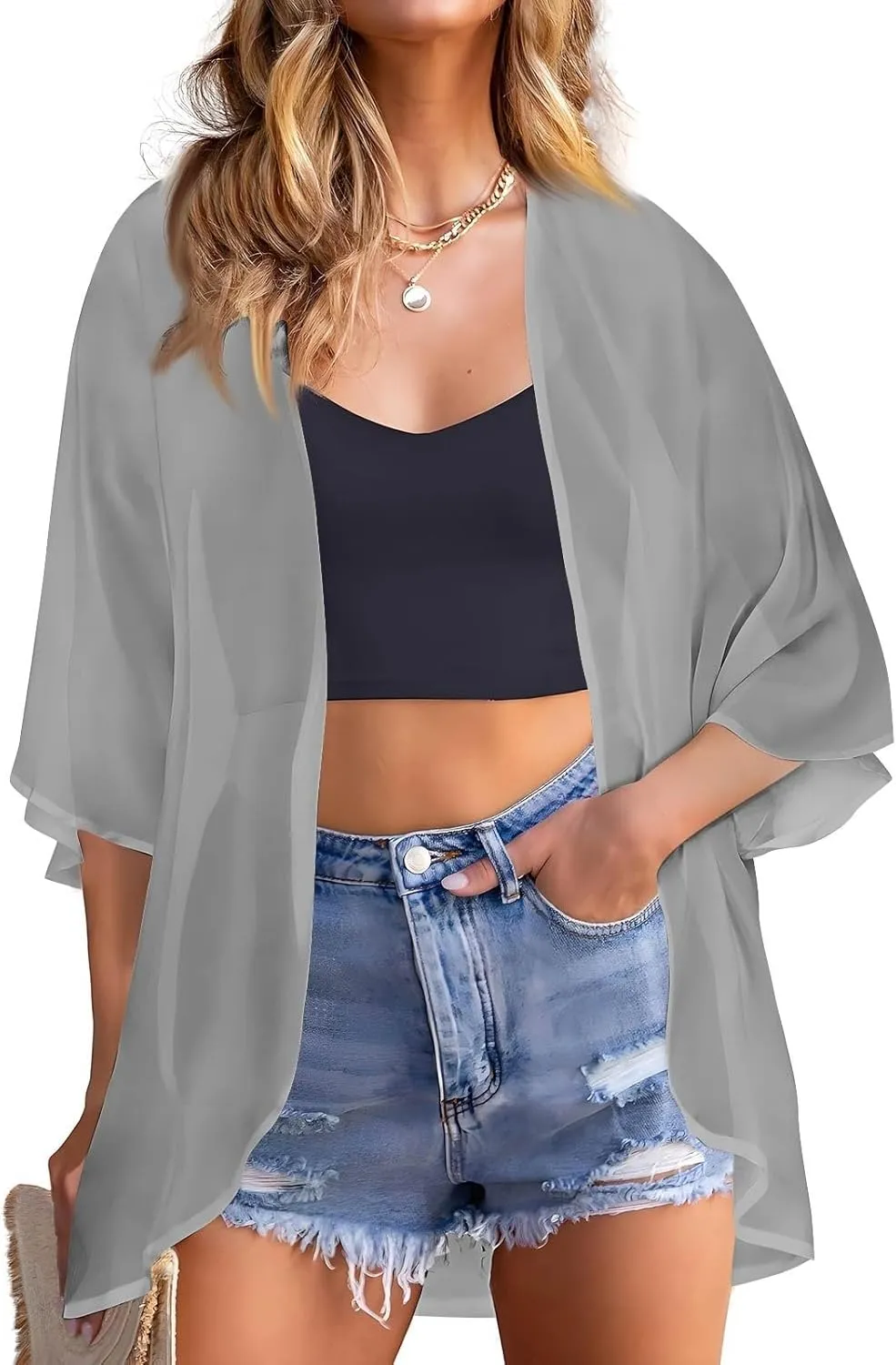 Women's Kimono Cardigans Chiffon Solid 3/4 Sleeve Cardigan Summer Swimsuit Open Front Cardigan Fashion Shrugs Top 2025