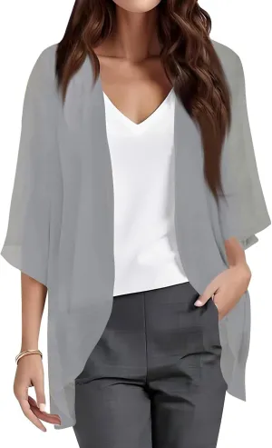 Women's Kimono Cardigans Chiffon Solid 3/4 Sleeve Cardigan Summer Swimsuit Open Front Cardigan Fashion Shrugs Top 2025