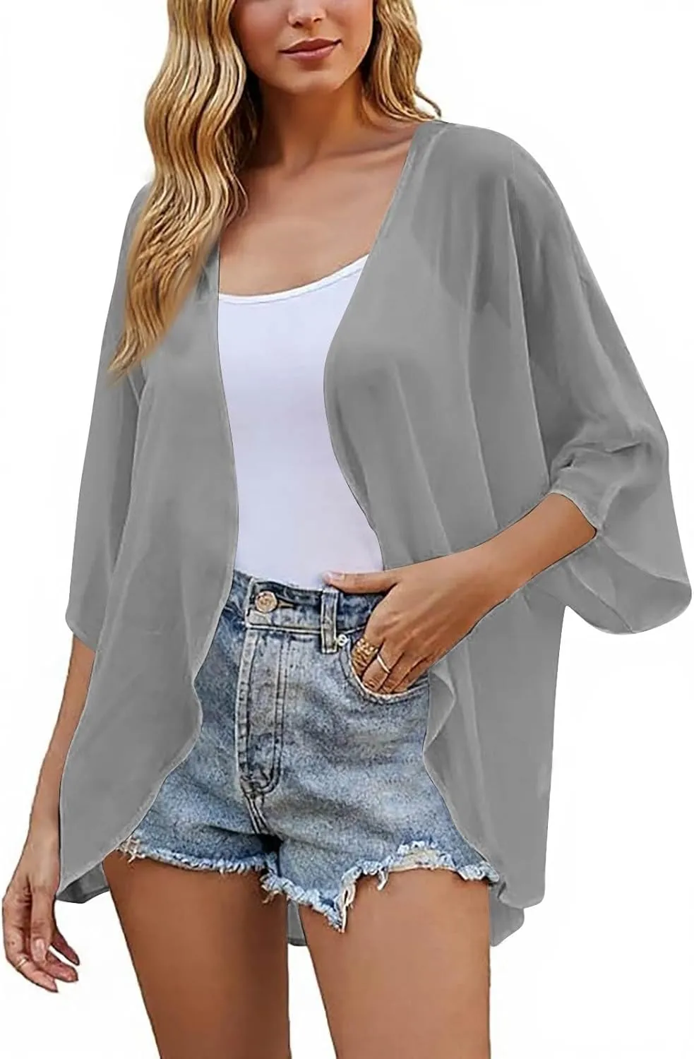 Women's Kimono Cardigans Chiffon Solid 3/4 Sleeve Cardigan Summer Swimsuit Open Front Cardigan Fashion Shrugs Top 2025