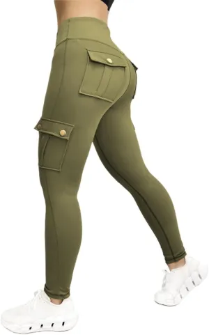 Womens Leggings with Cargo Pocket High Waist Tummy Control Yoga Pants Butt Lifting Cargo Leggings Workout Gym Pants