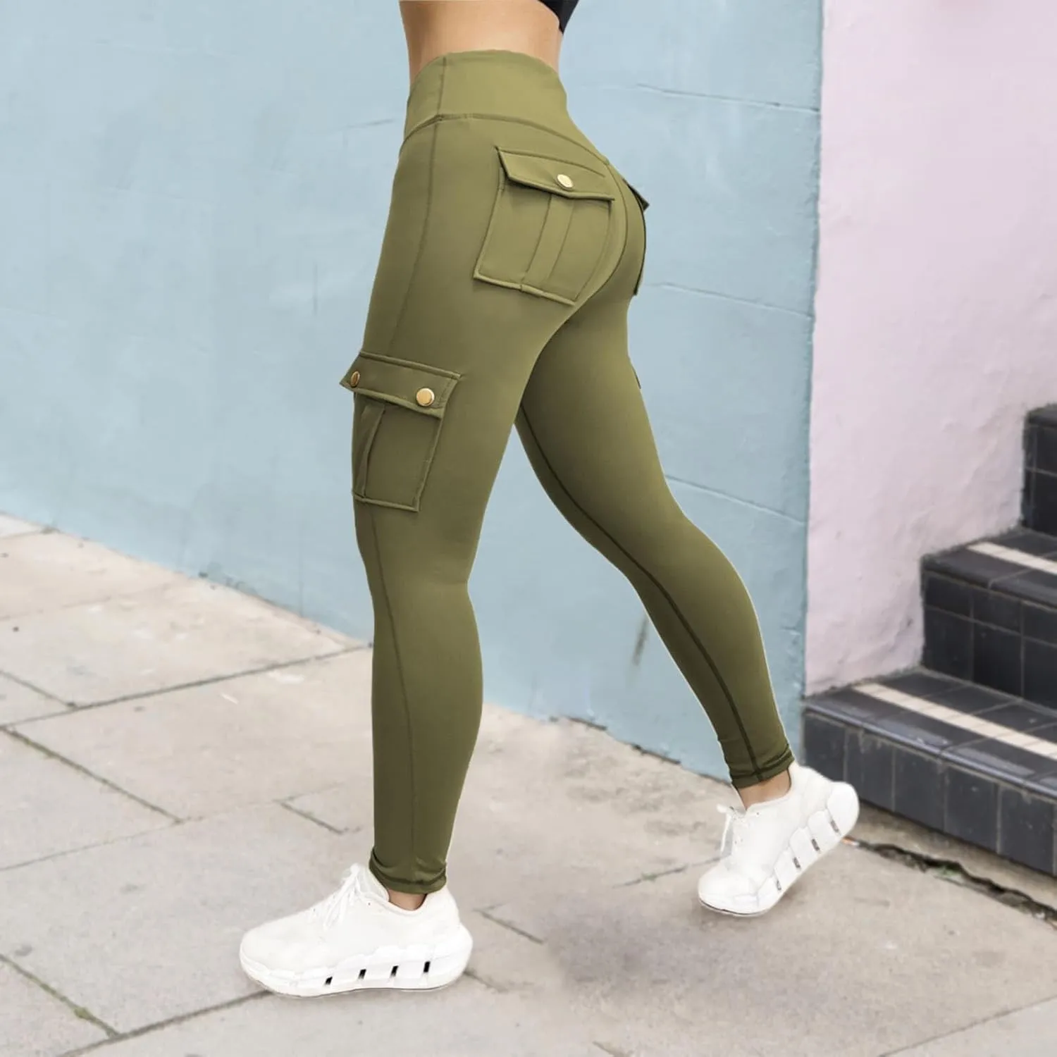 Womens Leggings with Cargo Pocket High Waist Tummy Control Yoga Pants Butt Lifting Cargo Leggings Workout Gym Pants