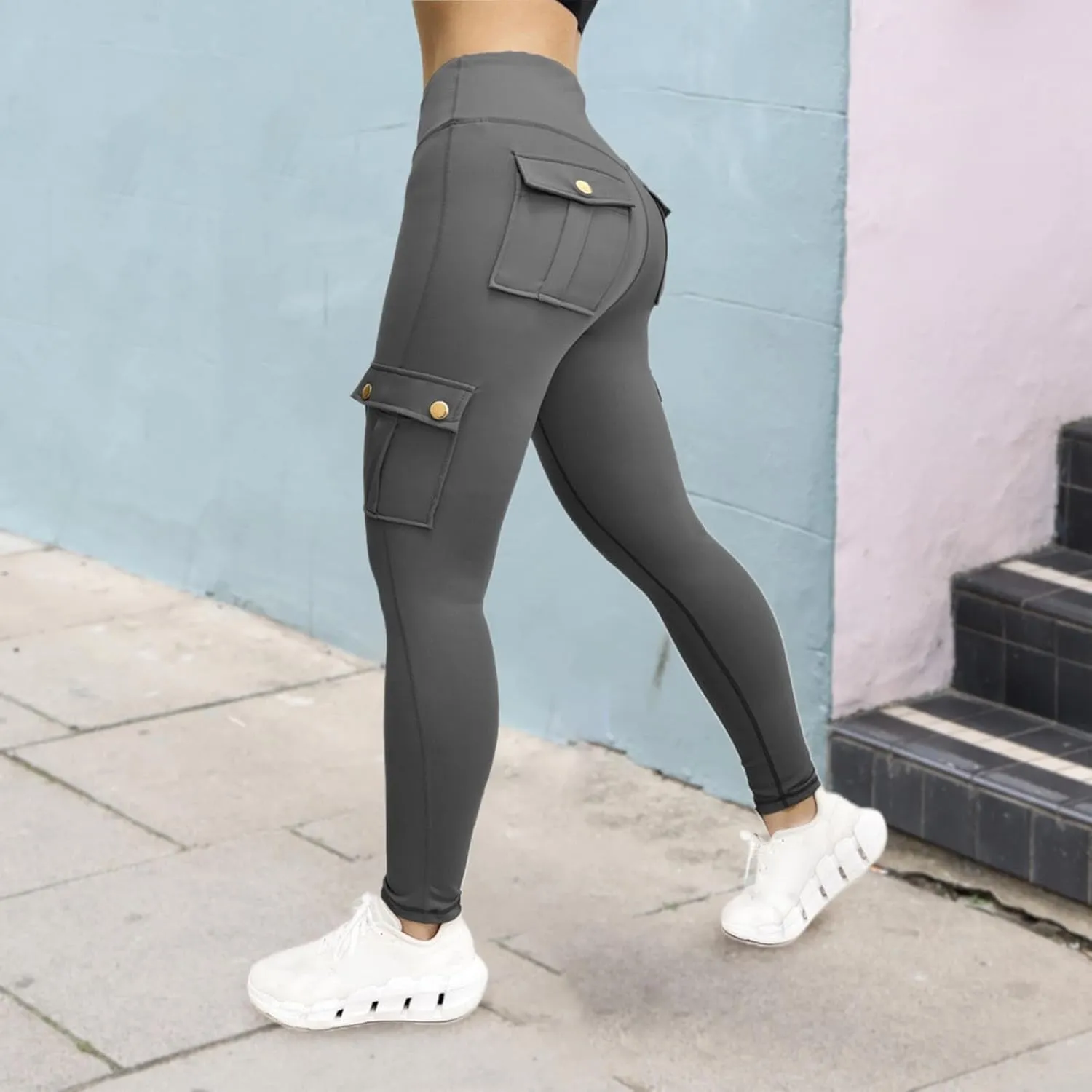 Womens Leggings with Cargo Pocket High Waist Tummy Control Yoga Pants Butt Lifting Cargo Leggings Workout Gym Pants