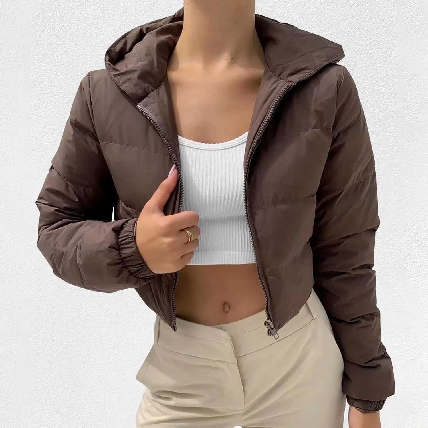 Women's Lightweight Quilted Jackets Winter Long Sleeve Cropped Puffer Down Jackets Fashion Short Hooded Padded Coats