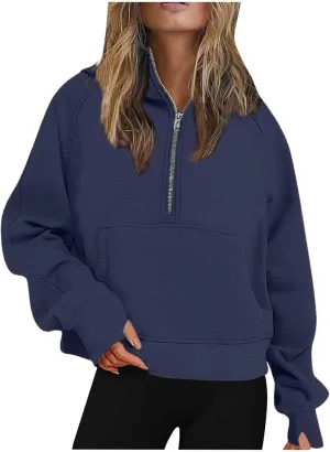Womens Lightweight Sweatshirts Casual Half Zipper Hoodies Fashion Elegant Solid Long Sleeve Pocket Sport Pullover Tops
