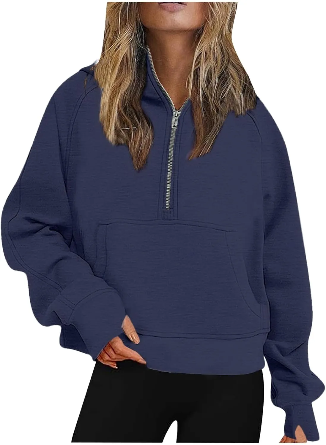 Womens Lightweight Sweatshirts Casual Half Zipper Hoodies Fashion Elegant Solid Long Sleeve Pocket Sport Pullover Tops