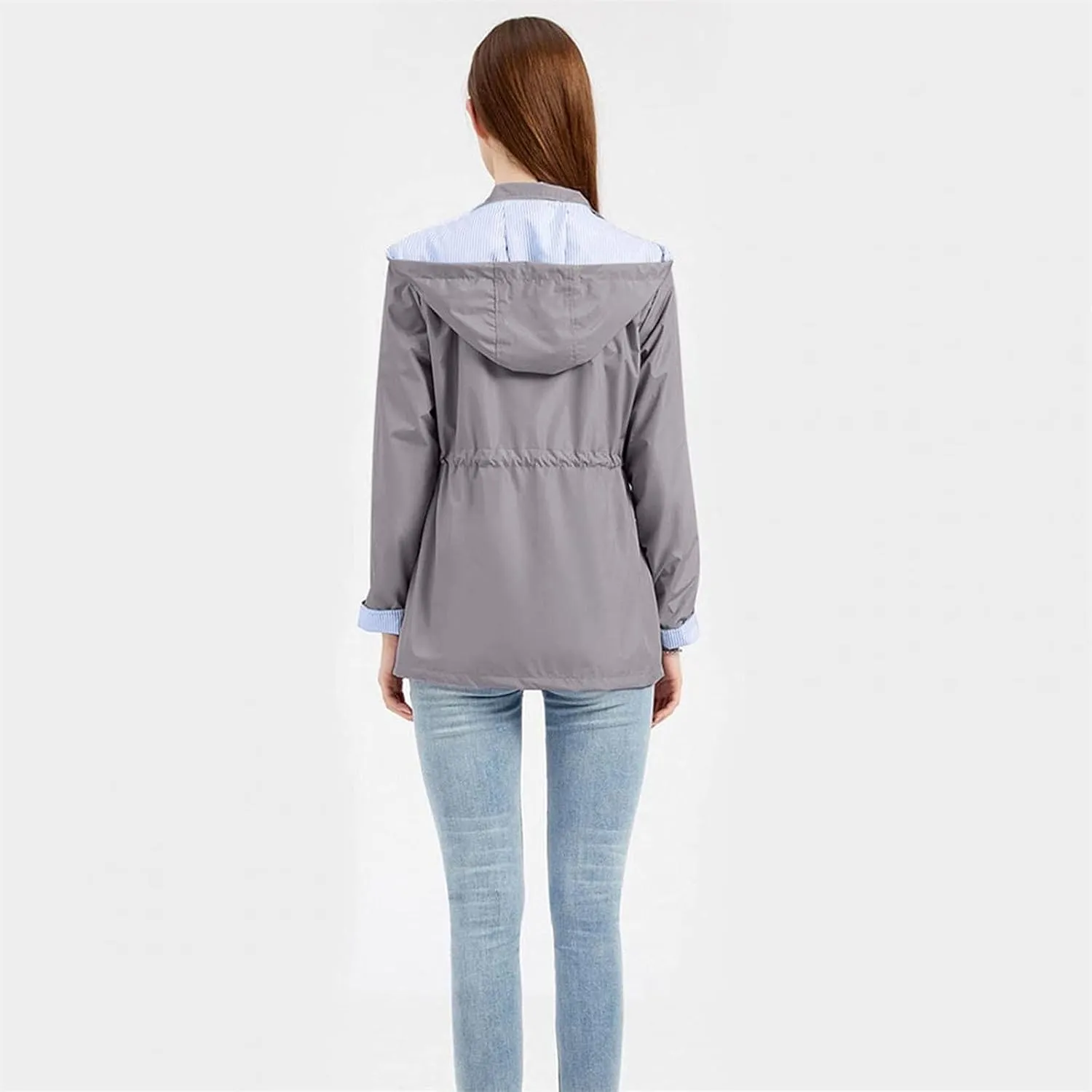 Women's Ligtweight Jackets Anorak Utility Drawstring Waist Hoodie Zip Up Fall Casual Trench Coat with Pockets