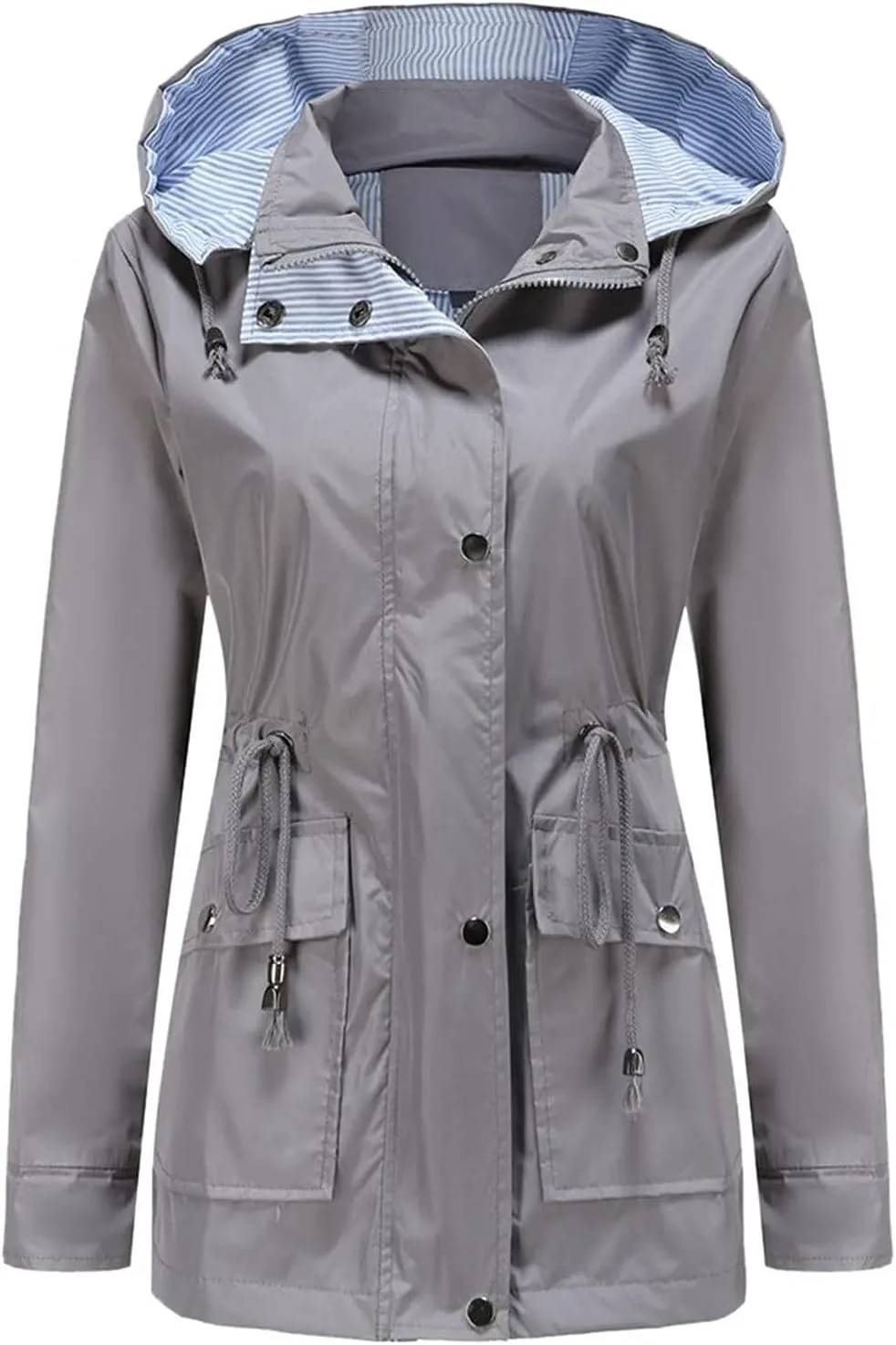 Women's Ligtweight Jackets Anorak Utility Drawstring Waist Hoodie Zip Up Fall Casual Trench Coat with Pockets