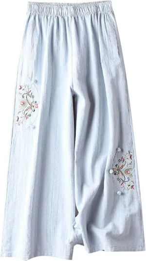 Womens Linen Pants Summer Casual Loose Beach Pants 2025 Vintage Embroidery Wide Leg Pants High Waist Palazzo Lounge