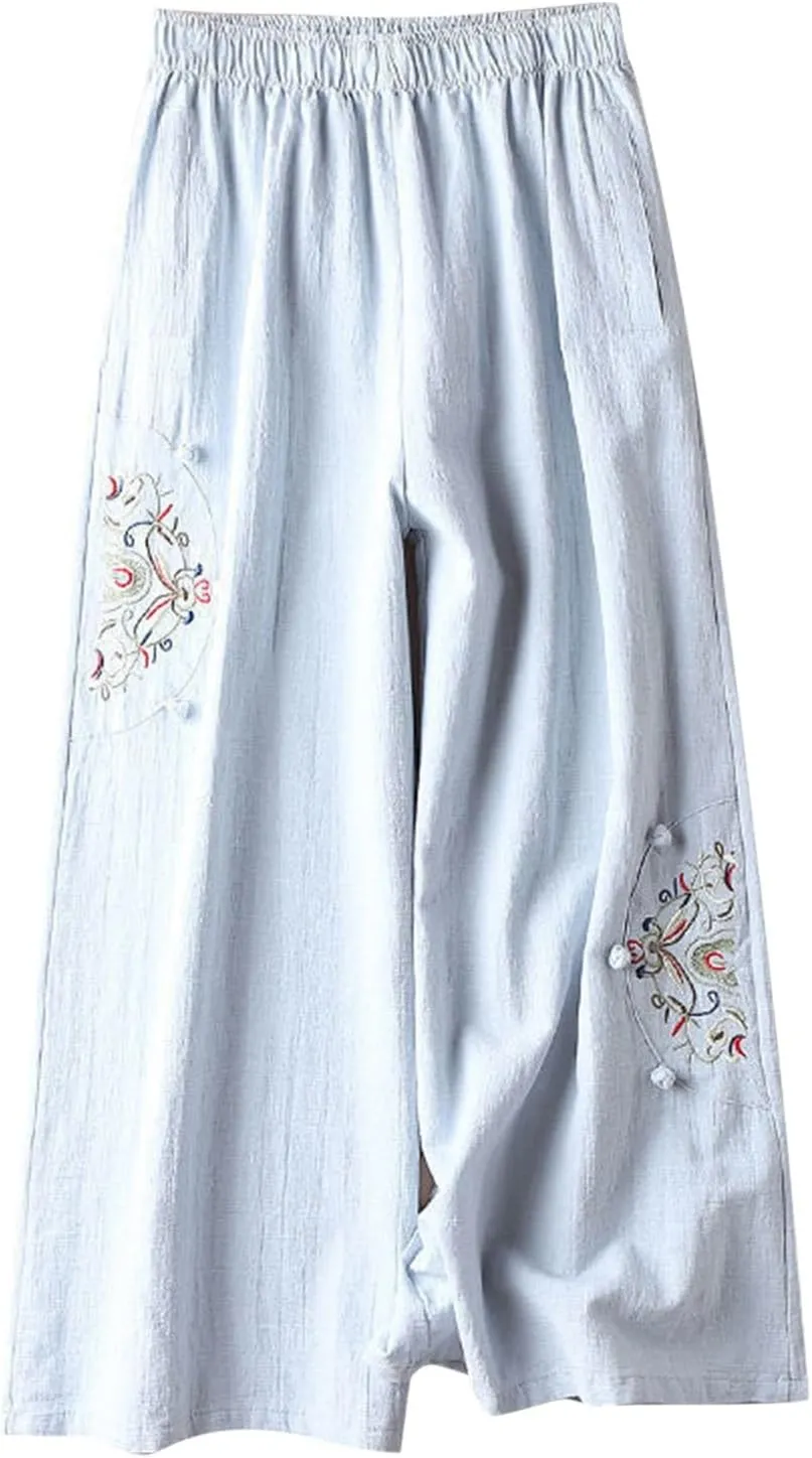Womens Linen Pants Summer Casual Loose Beach Pants 2025 Vintage Embroidery Wide Leg Pants High Waist Palazzo Lounge