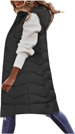 Women's Long Puffer Vest Hoodies Jacket Full Zipper Sleeveless Coats Thickened Warm Slim Quilted Windbreakers