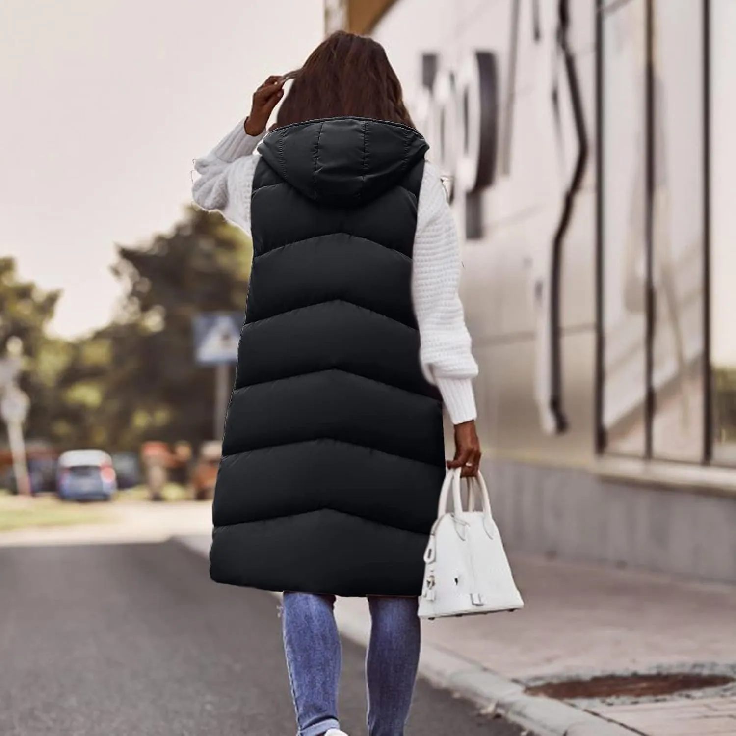 Women's Long Puffer Vest Hoodies Jacket Full Zipper Sleeveless Coats Thickened Warm Slim Quilted Windbreakers