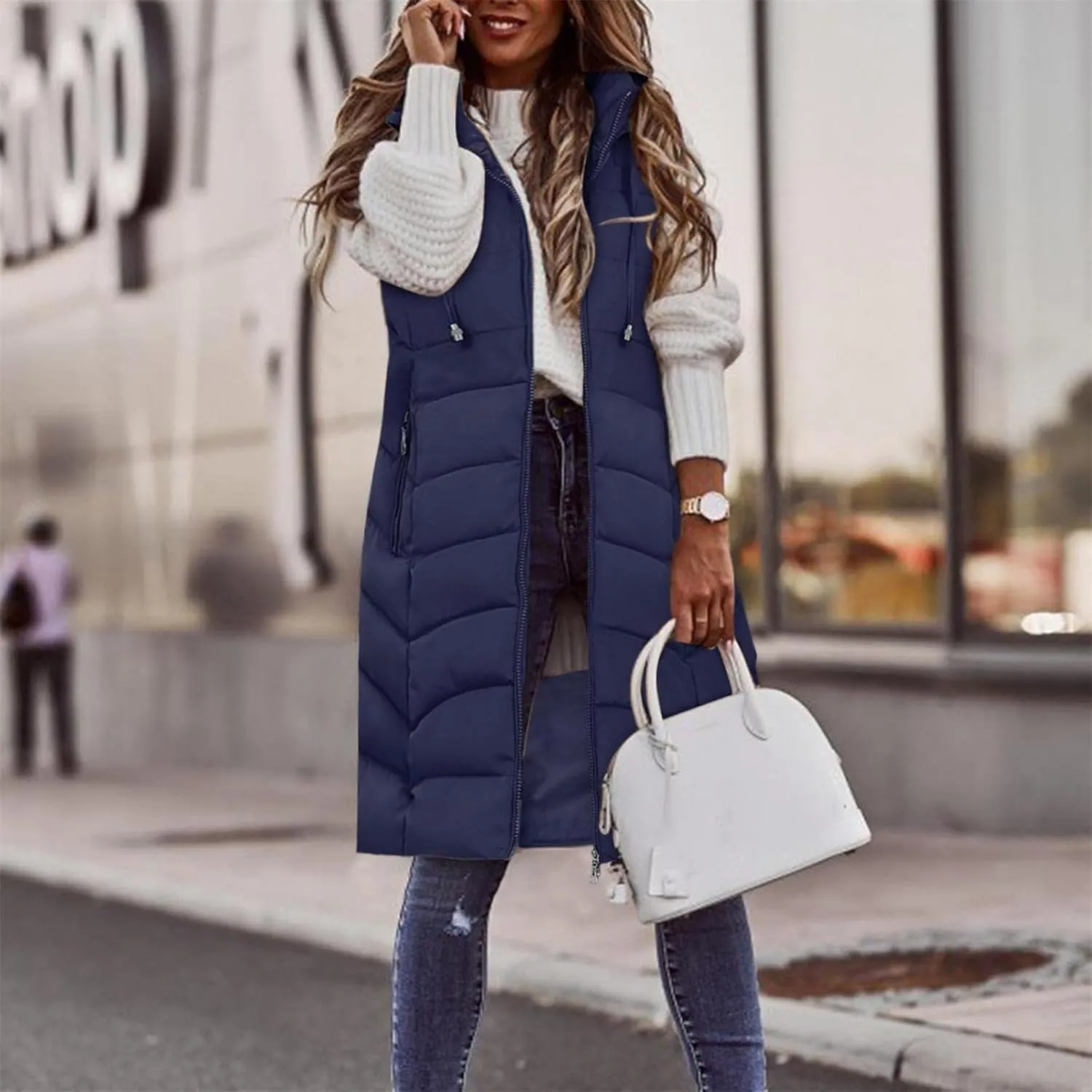 Women's Long Puffer Vest Hoodies Jacket Full Zipper Sleeveless Coats Thickened Warm Slim Quilted Windbreakers