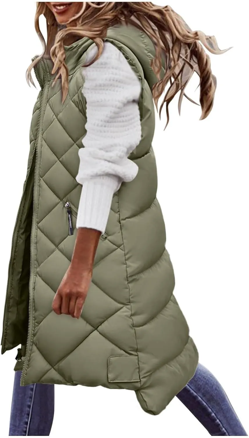 Women's Long Puffer Vest Hoodies Jacket Full Zipper Sleeveless Coats Thickened Warm Slim Quilted Windbreakers