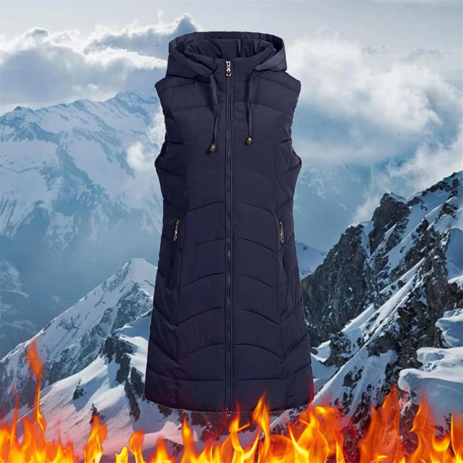 Women's Long Puffer Vest Hoodies Jacket Full Zipper Sleeveless Coats Thickened Warm Slim Quilted Windbreakers