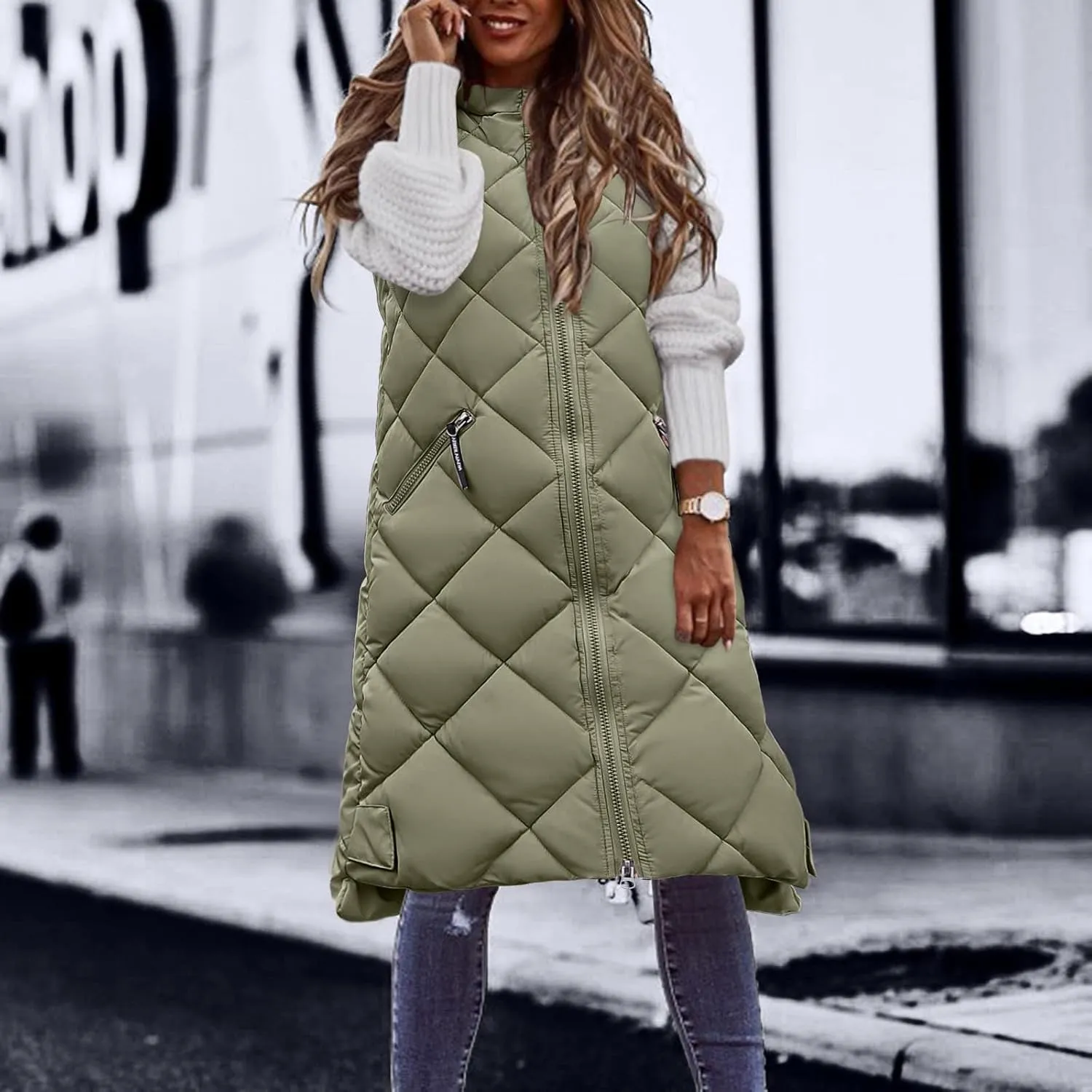 Women's Long Puffer Vest Hoodies Jacket Full Zipper Sleeveless Coats Thickened Warm Slim Quilted Windbreakers