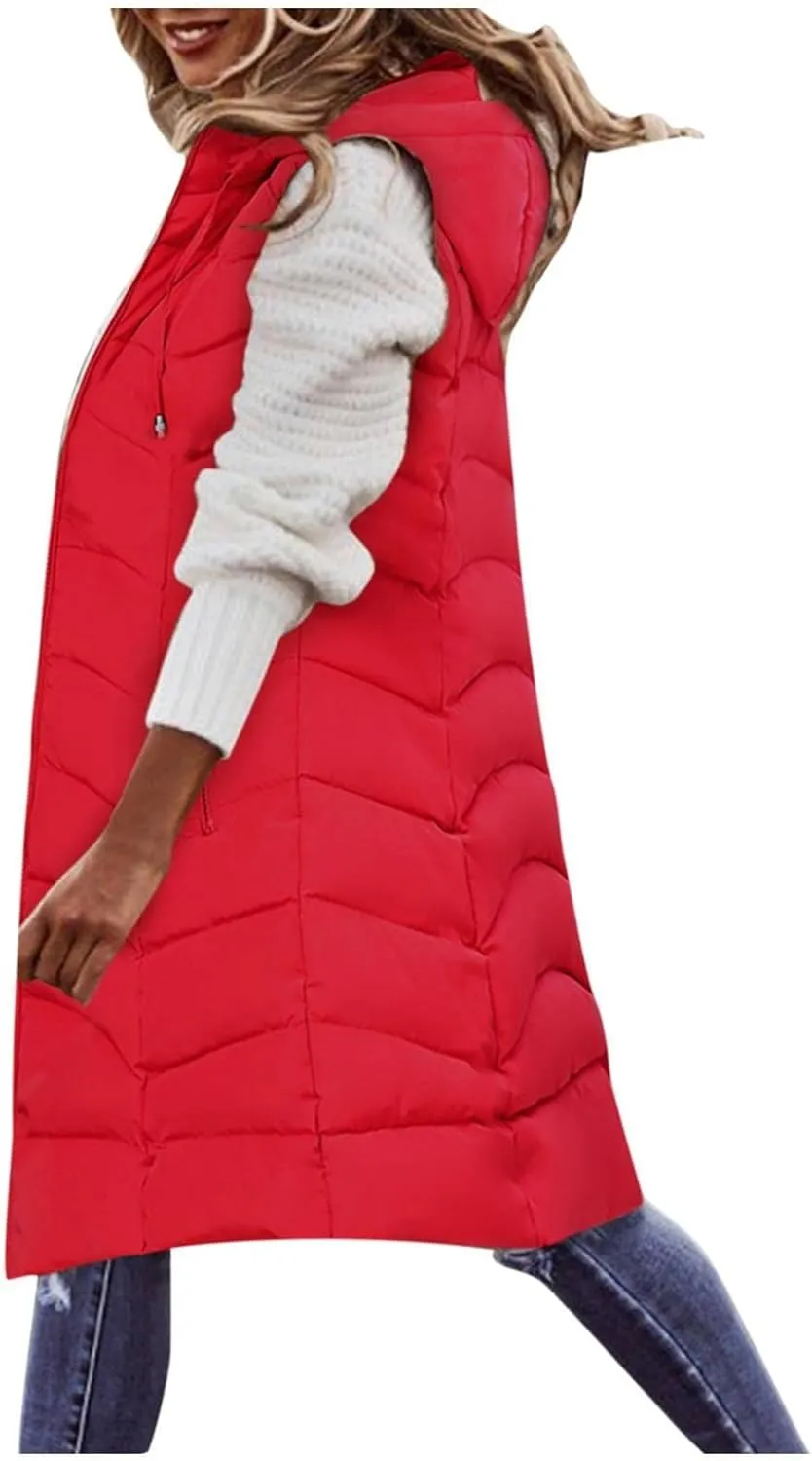 Women's Long Puffer Vest Hoodies Jacket Full Zipper Sleeveless Coats Thickened Warm Slim Quilted Windbreakers