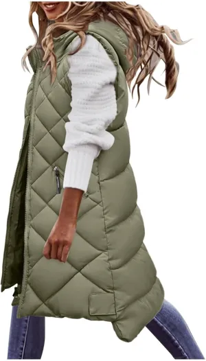 Women's Long Puffer Vest Hoodies Jacket Full Zipper Sleeveless Coats Thickened Warm Slim Quilted Windbreakers