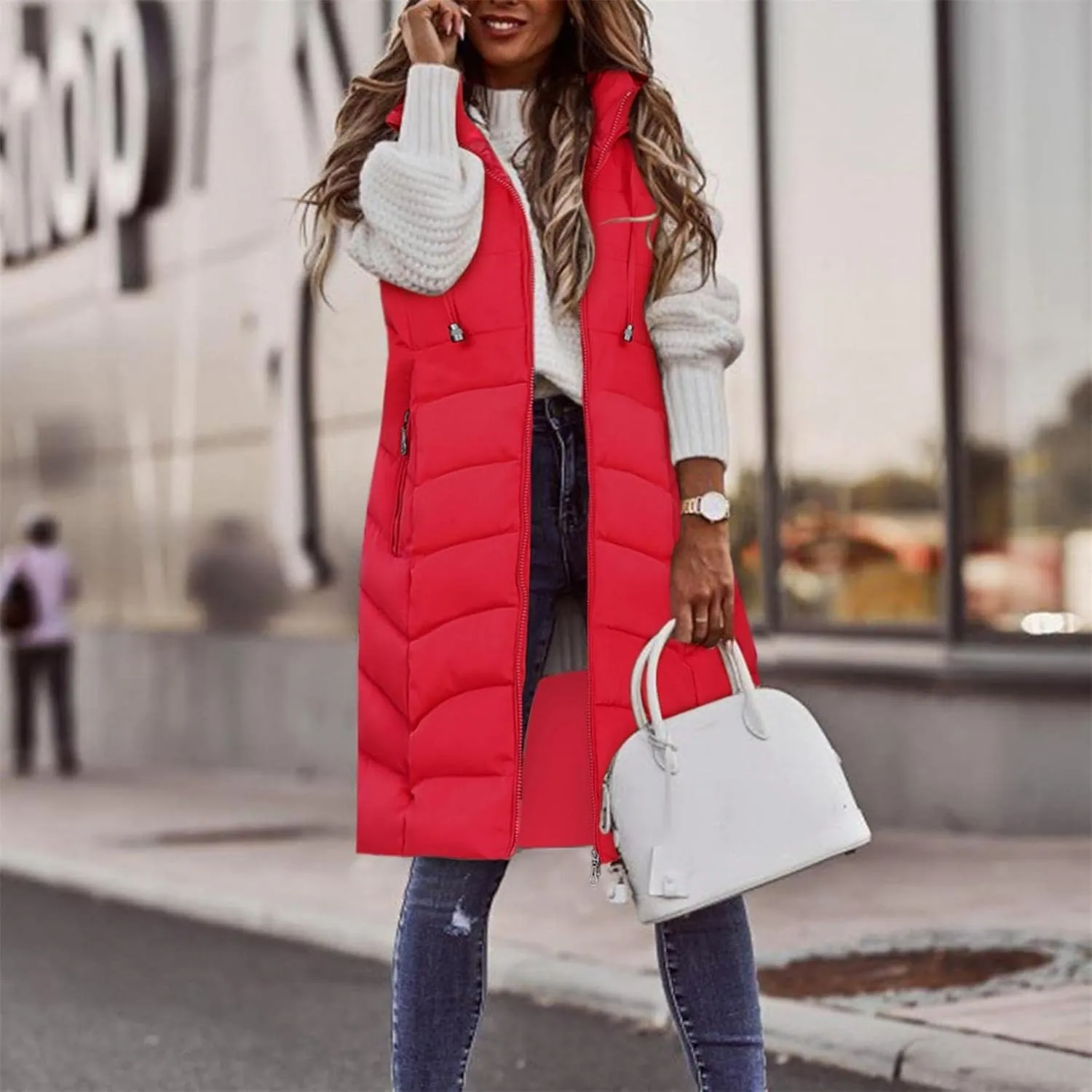 Women's Long Puffer Vest Hoodies Jacket Full Zipper Sleeveless Coats Thickened Warm Slim Quilted Windbreakers