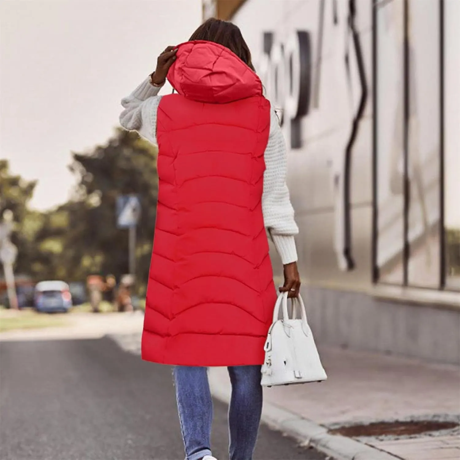 Women's Long Puffer Vest Hoodies Jacket Full Zipper Sleeveless Coats Thickened Warm Slim Quilted Windbreakers