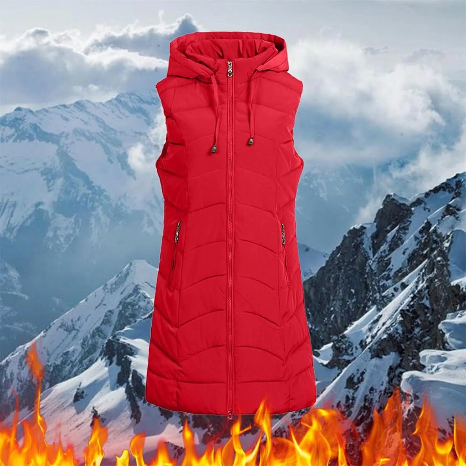 Women's Long Puffer Vest Hoodies Jacket Full Zipper Sleeveless Coats Thickened Warm Slim Quilted Windbreakers