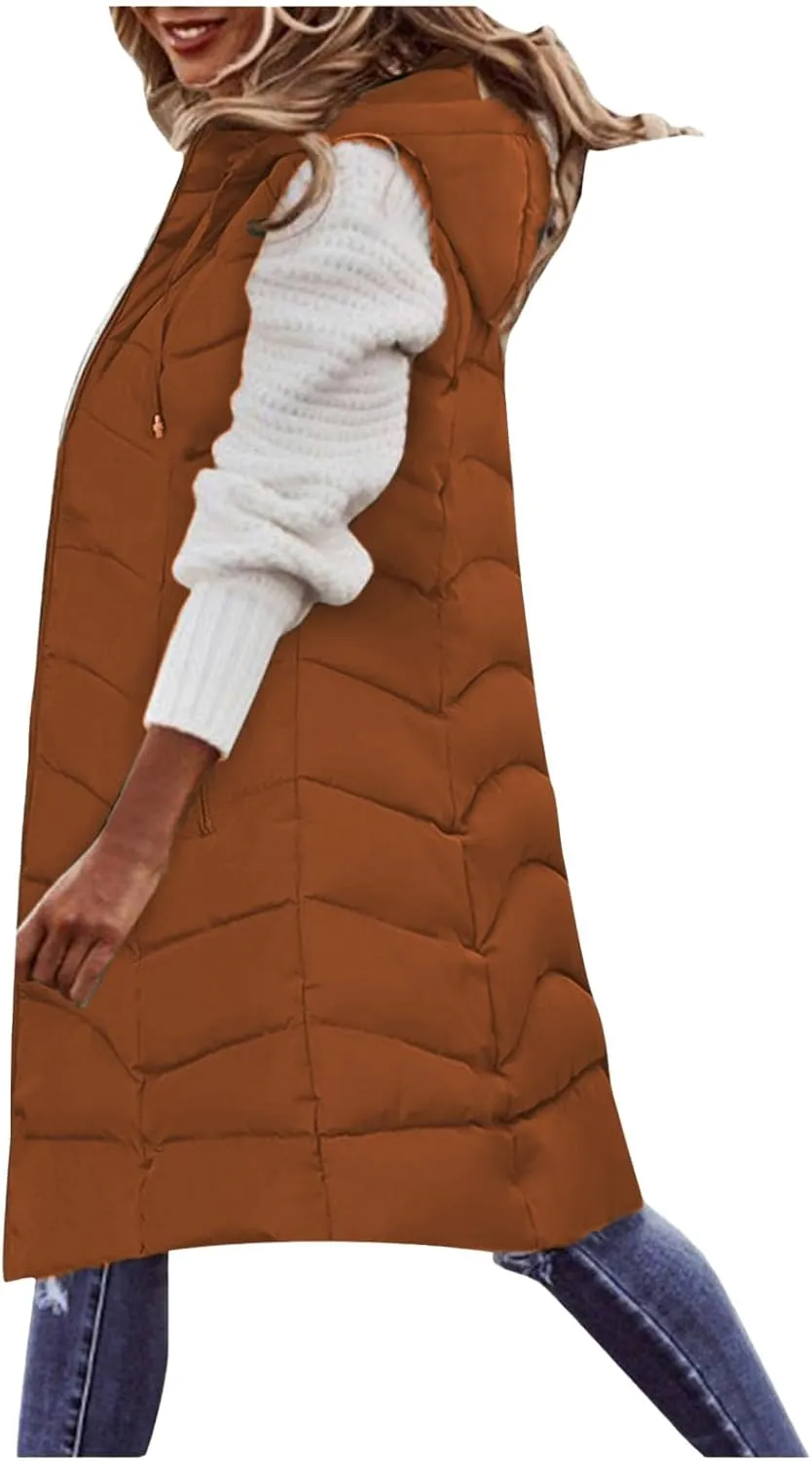 Women's Long Puffer Vest Hoodies Jacket Full Zipper Sleeveless Coats Thickened Warm Slim Quilted Windbreakers