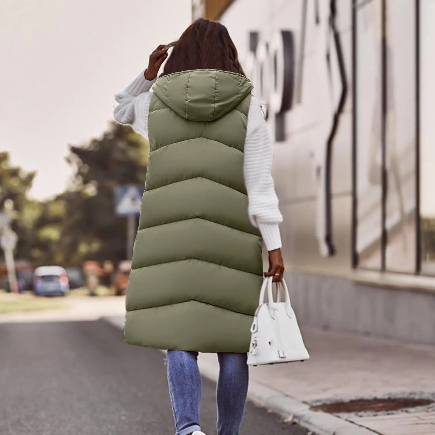 Women's Long Puffer Vest Hoodies Jacket Full Zipper Sleeveless Coats Thickened Warm Slim Quilted Windbreakers