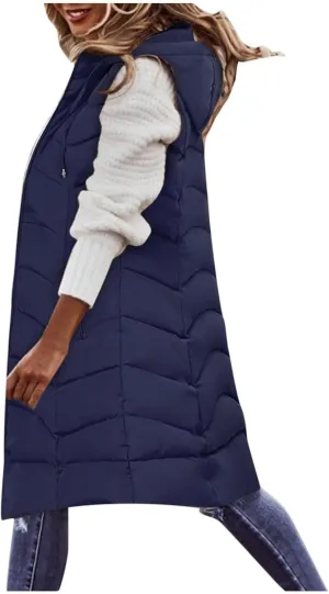 Women's Long Puffer Vest Hoodies Jacket Full Zipper Sleeveless Coats Thickened Warm Slim Quilted Windbreakers