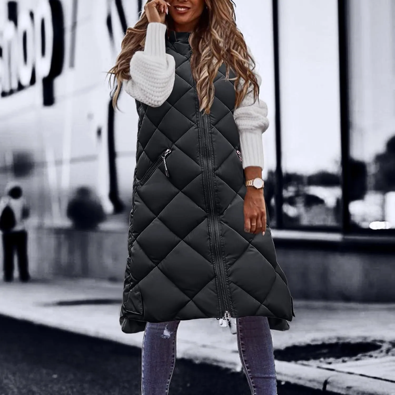 Women's Long Puffer Vest Hoodies Jacket Full Zipper Sleeveless Coats Thickened Warm Slim Quilted Windbreakers