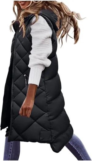 Women's Long Puffer Vest Hoodies Jacket Full Zipper Sleeveless Coats Thickened Warm Slim Quilted Windbreakers