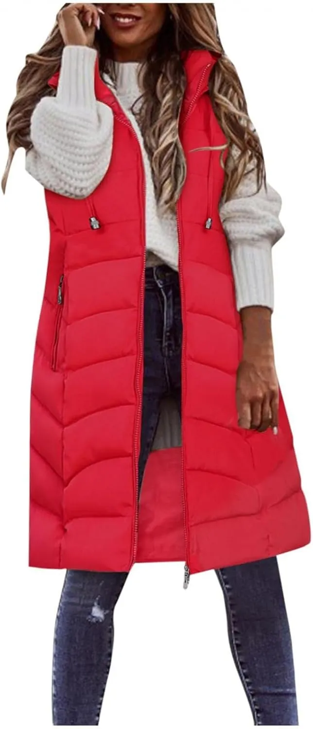 Women's Long Puffer Vest Hoodies Jacket Full Zipper Sleeveless Coats Thickened Warm Slim Quilted Windbreakers