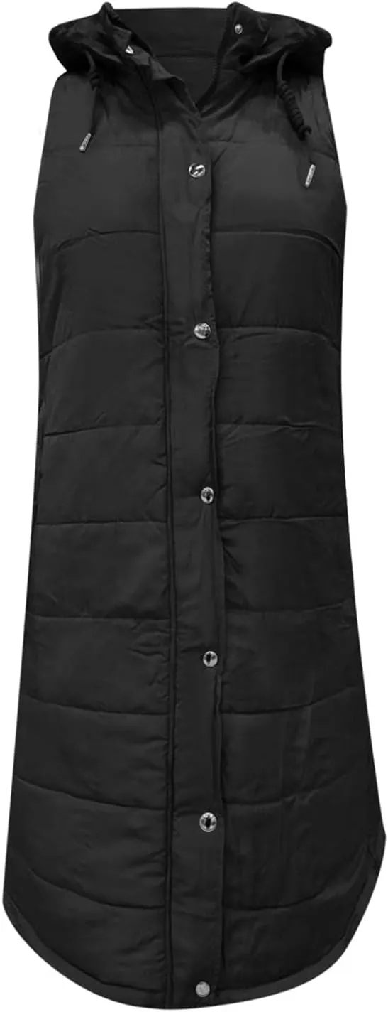 Women's Long Puffer Vest Jacket Full Zipper Sleeveless Quilted Down Coat Thickened Warm Windbreakers Outerwear Tops