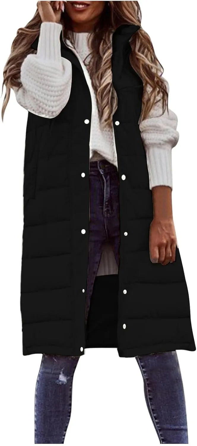 Women's Long Puffer Vest Jacket Full Zipper Sleeveless Quilted Down Coat Thickened Warm Windbreakers Outerwear Tops