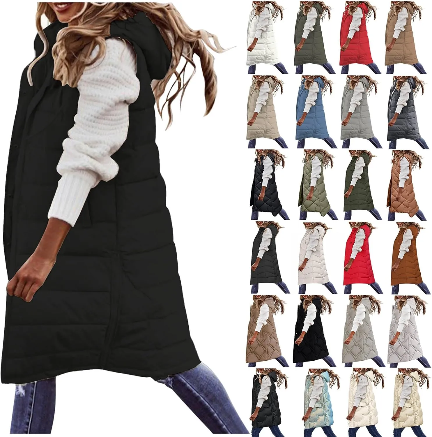Women's Long Puffer Vest Jacket Full Zipper Sleeveless Quilted Down Coat Thickened Warm Windbreakers Outerwear Tops