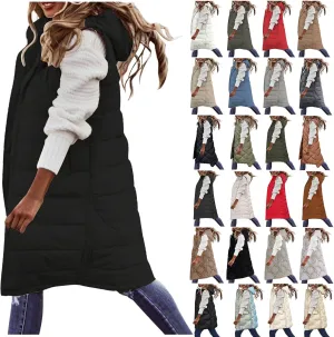 Women's Long Puffer Vest Jacket Full Zipper Sleeveless Quilted Down Coat Thickened Warm Windbreakers Outerwear Tops
