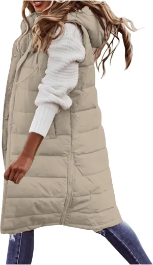 Women's Long Puffer Vest Jackets Hoodies Full Zipper Sleeveless Down Coats Thickened Warm Windbreakers with Pockets