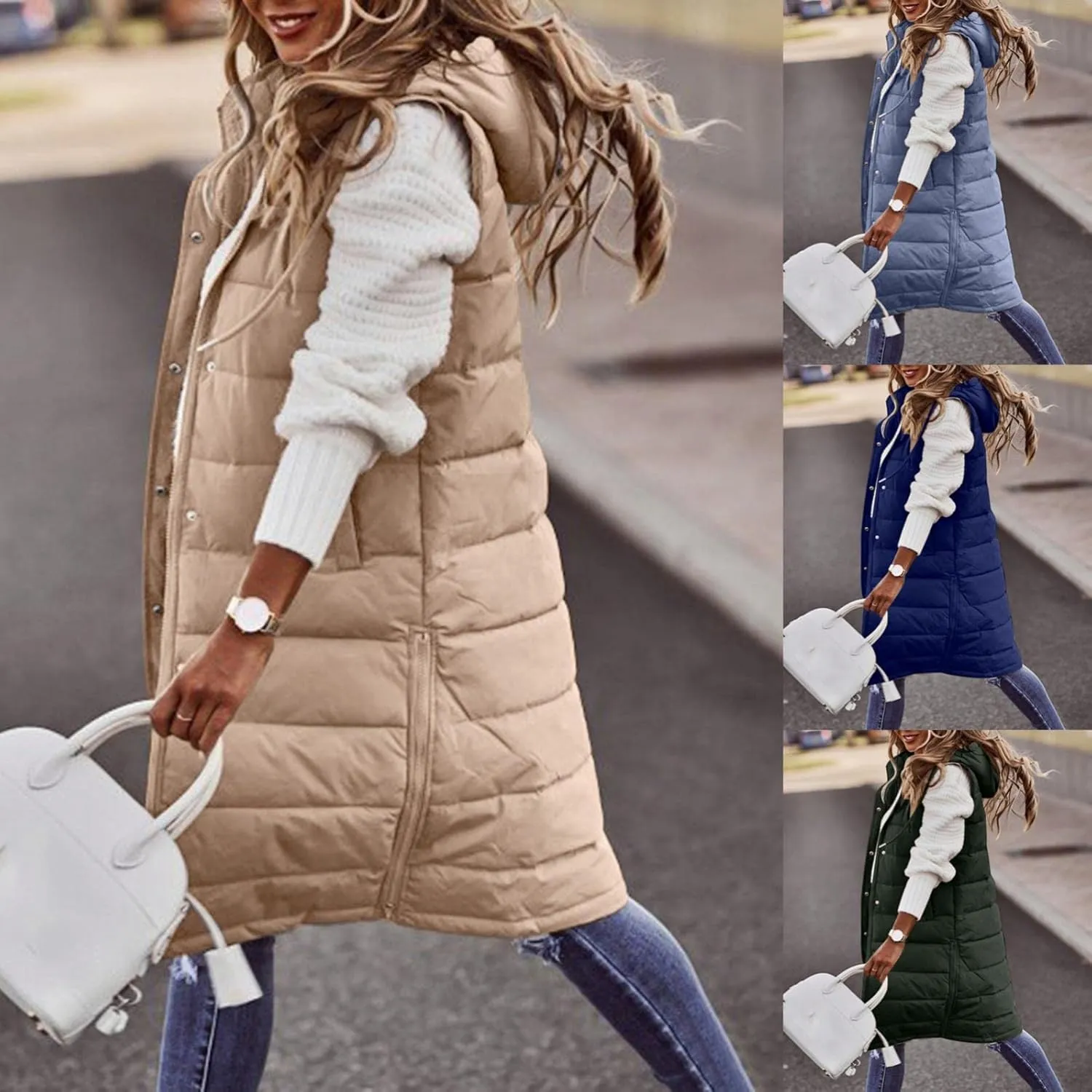 Women's Long Puffer Vest Jackets Hoodies Full Zipper Sleeveless Down Coats Thickened Warm Windbreakers with Pockets