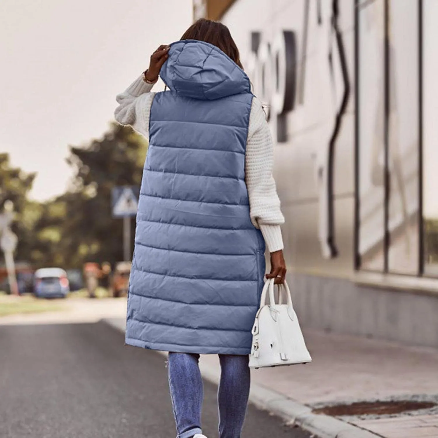 Women's Long Puffer Vest Jackets Hoodies Full Zipper Sleeveless Down Coats Thickened Warm Windbreakers with Pockets