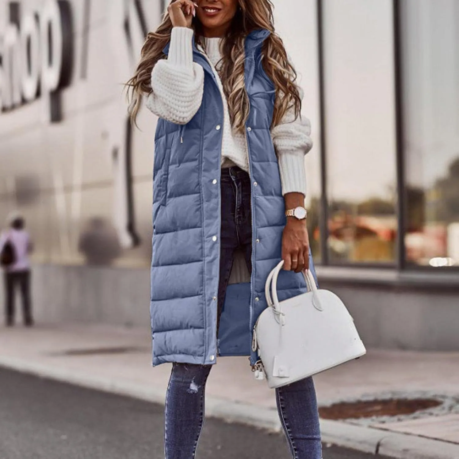 Women's Long Puffer Vest Jackets Hoodies Full Zipper Sleeveless Down Coats Thickened Warm Windbreakers with Pockets