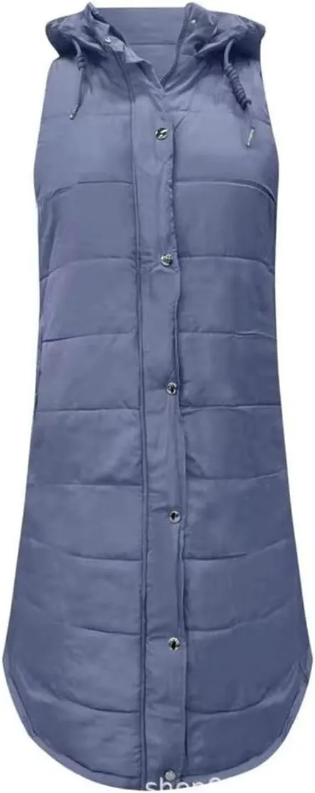 Women's Long Puffer Vest Jackets Hoodies Full Zipper Sleeveless Down Coats Thickened Warm Windbreakers with Pockets