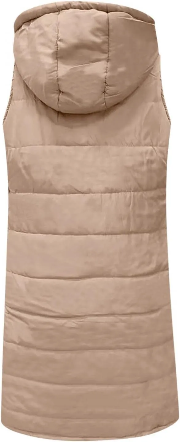 Women's Long Puffer Vest Jackets Hoodies Full Zipper Sleeveless Down Coats Thickened Warm Windbreakers with Pockets
