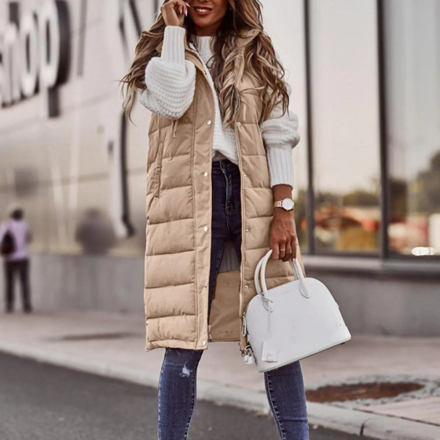 Women's Long Puffer Vest Jackets Hoodies Full Zipper Sleeveless Down Coats Thickened Warm Windbreakers with Pockets